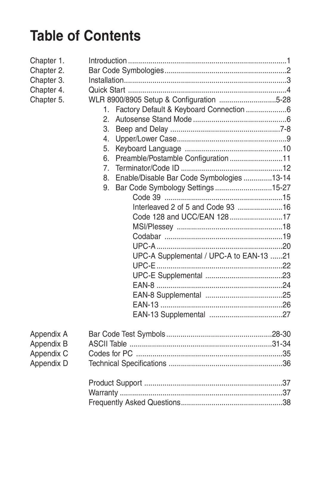 Wasp Bar Code WLR8900 manual Table of Contents 