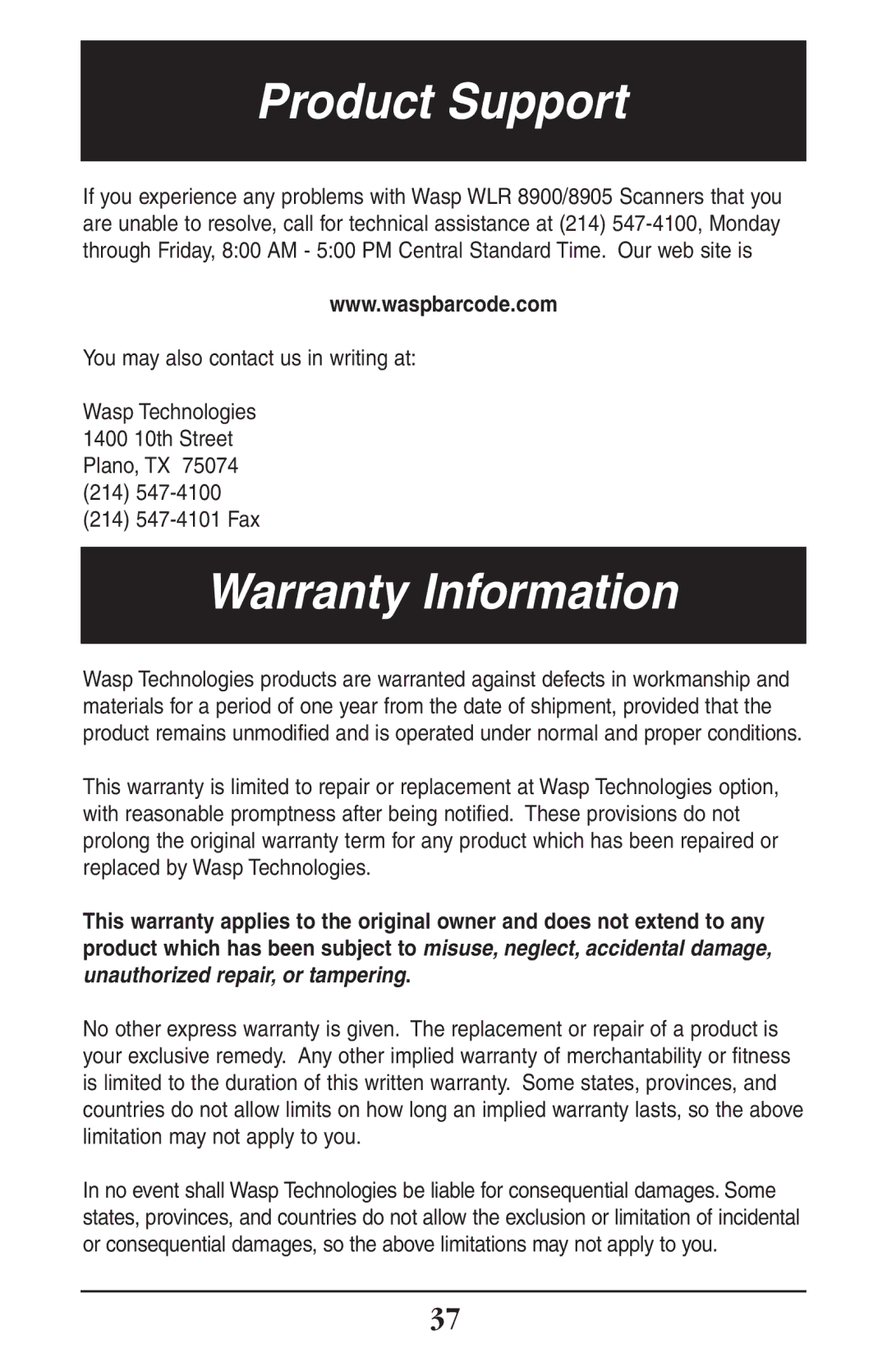 Wasp Bar Code WLR8900 manual Product Support 