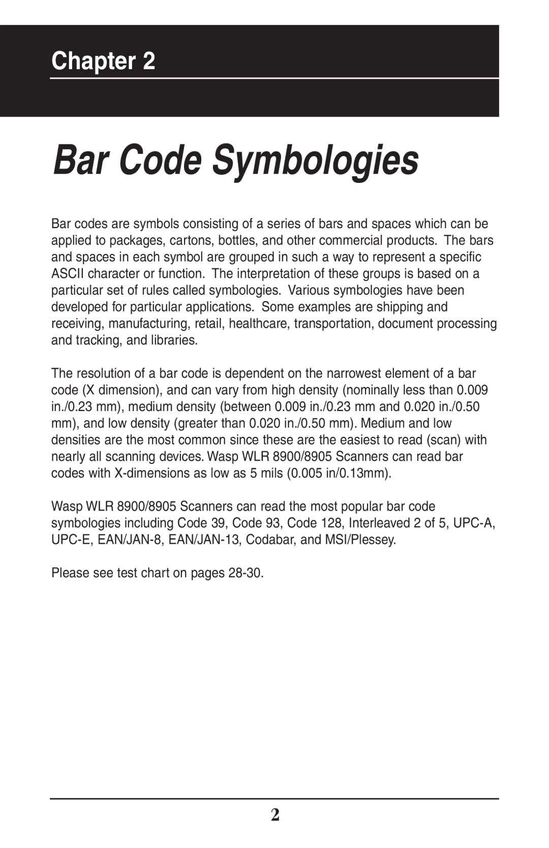 Wasp Bar Code WLR8900 manual Bar Code Symbologies 