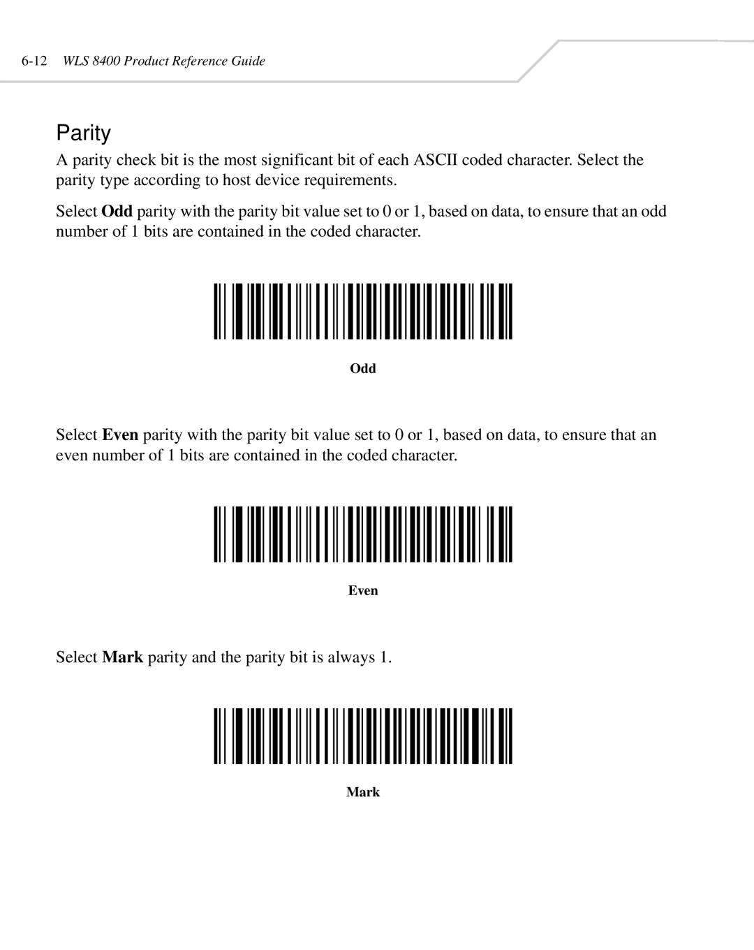 Wasp Bar Code WLS 8400 ER, WLS 8400 FZ manual Parity, Odd, Even, Mark 