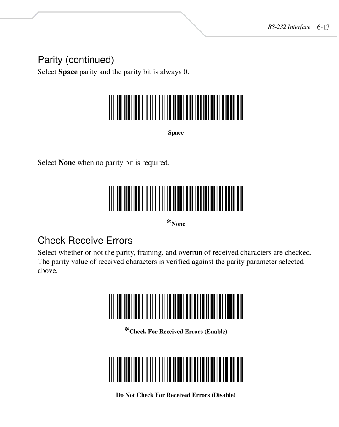 Wasp Bar Code WLS 8400 FZ, WLS 8400 ER manual Check Receive Errors, Space, None 