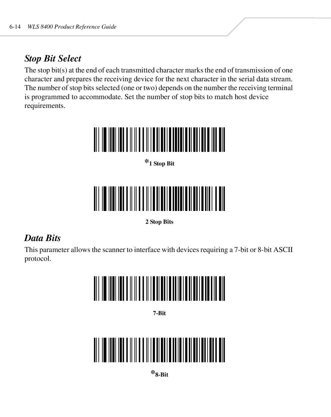 Wasp Bar Code WLS 8400 ER, WLS 8400 FZ manual Stop Bit Select, Data Bits, Stop Bit Stop Bits 