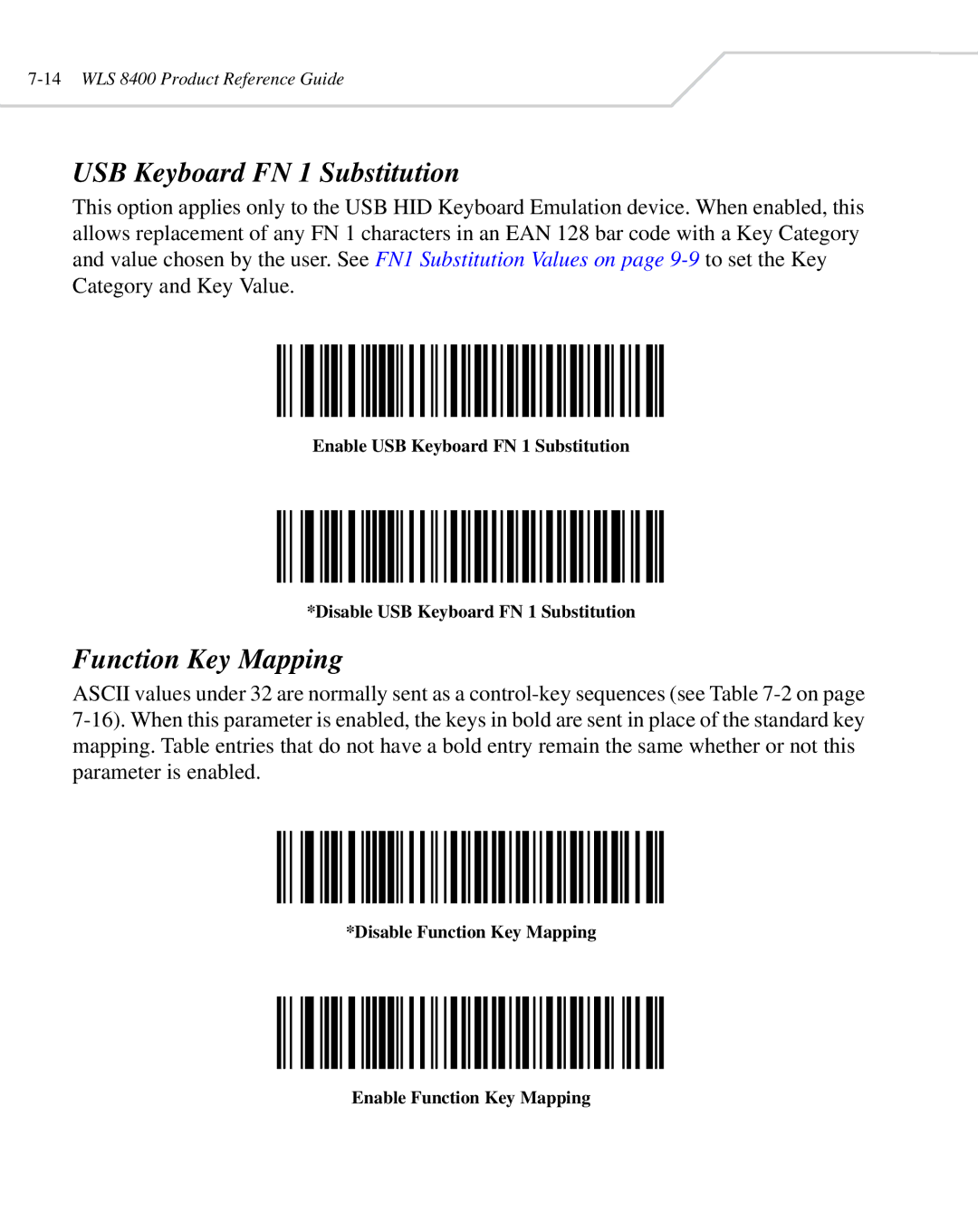 Wasp Bar Code WLS 8400 ER manual USB Keyboard FN 1 Substitution, Disable Function Key Mapping Enable Function Key Mapping 