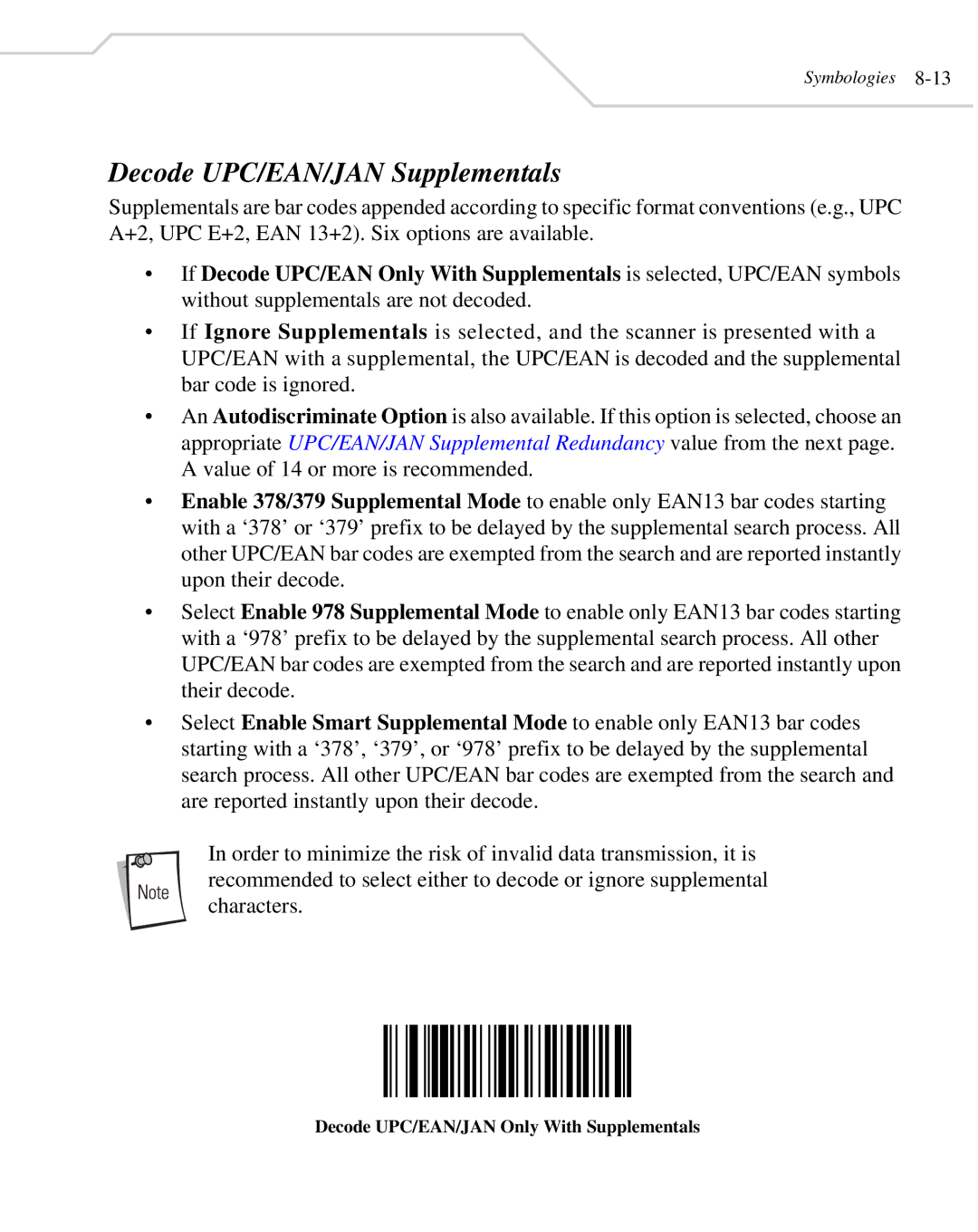 Wasp Bar Code WLS 8400 FZ, WLS 8400 ER manual Decode UPC/EAN/JAN Supplementals, Decode UPC/EAN/JAN Only With Supplementals 