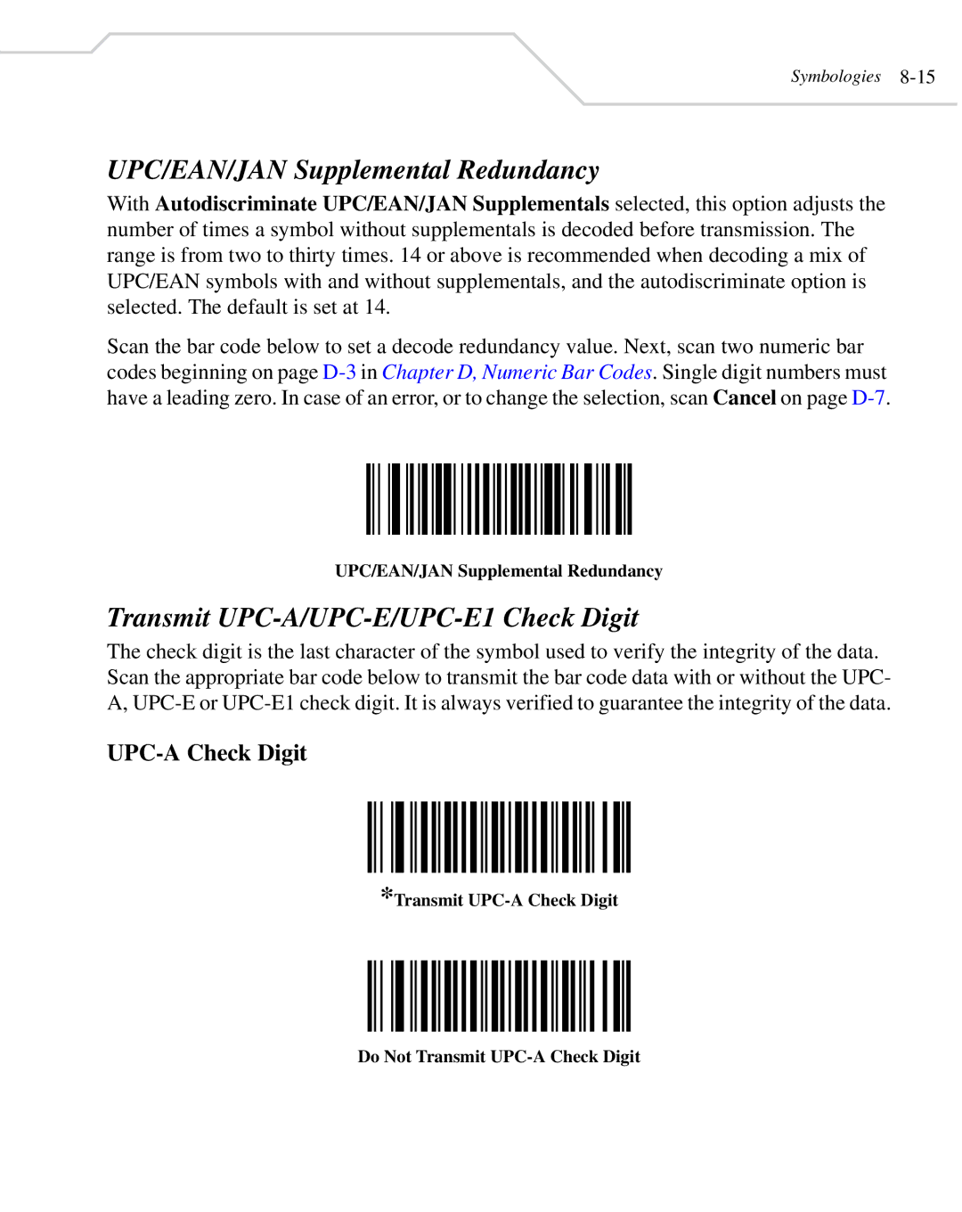 Wasp Bar Code WLS 8400 FZ UPC/EAN/JAN Supplemental Redundancy, Transmit UPC-A/UPC-E/UPC-E1 Check Digit, UPC-A Check Digit 