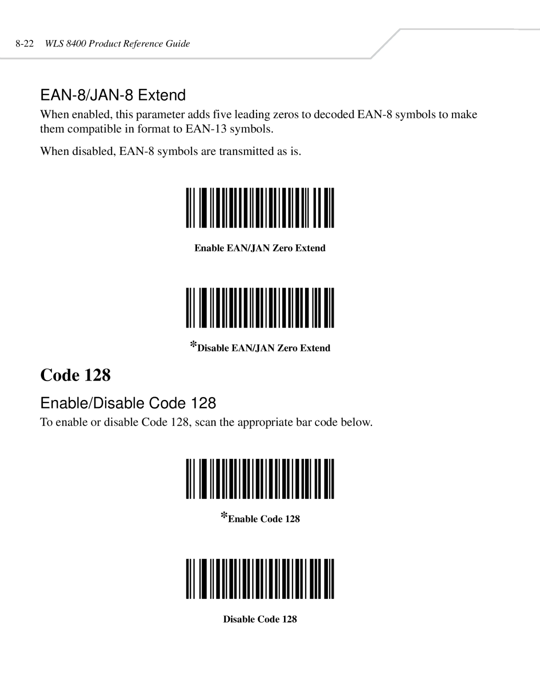 Wasp Bar Code WLS 8400 ER, WLS 8400 FZ manual EAN-8/JAN-8 Extend, Enable/Disable Code, Enable Code Disable Code 