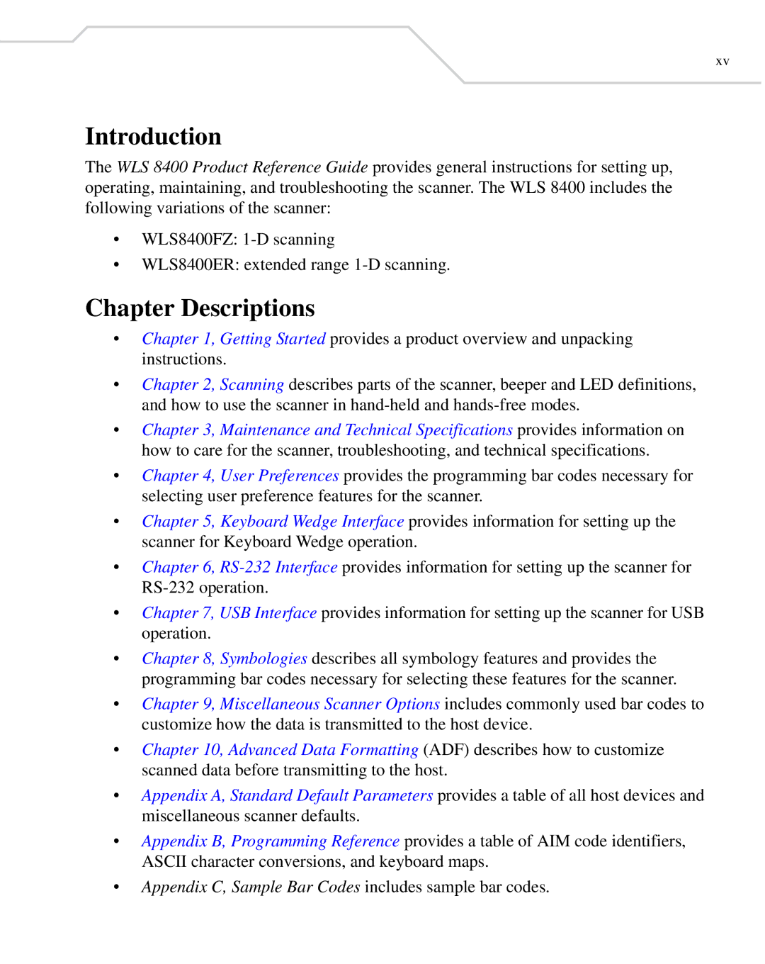 Wasp Bar Code WLS 8400 FZ, WLS 8400 ER manual Introduction, Chapter Descriptions 