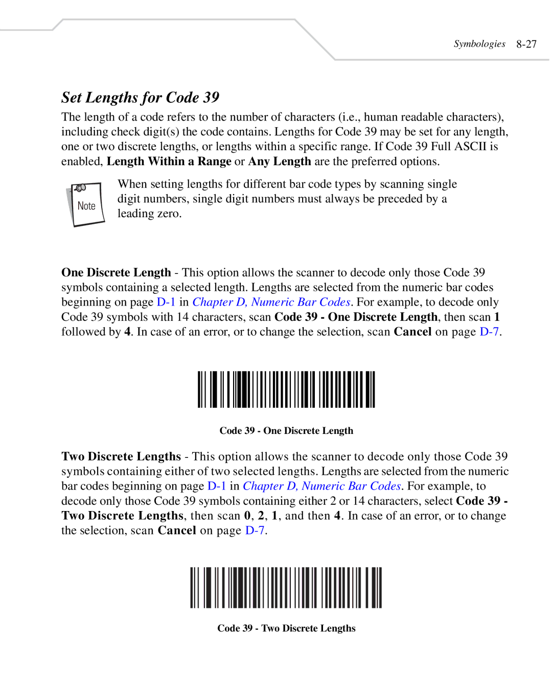 Wasp Bar Code WLS 8400 FZ, WLS 8400 ER Set Lengths for Code, Code 39 One Discrete Length, Code 39 Two Discrete Lengths 