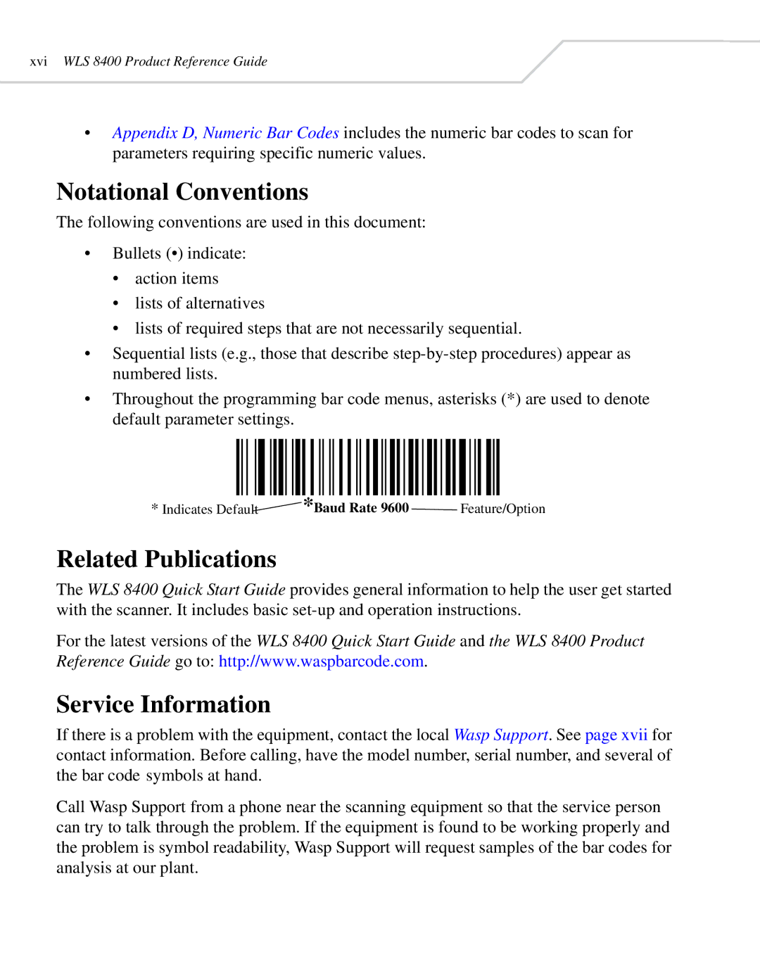 Wasp Bar Code WLS 8400 ER, WLS 8400 FZ manual Notational Conventions, Related Publications, Service Information, Baud Rate 