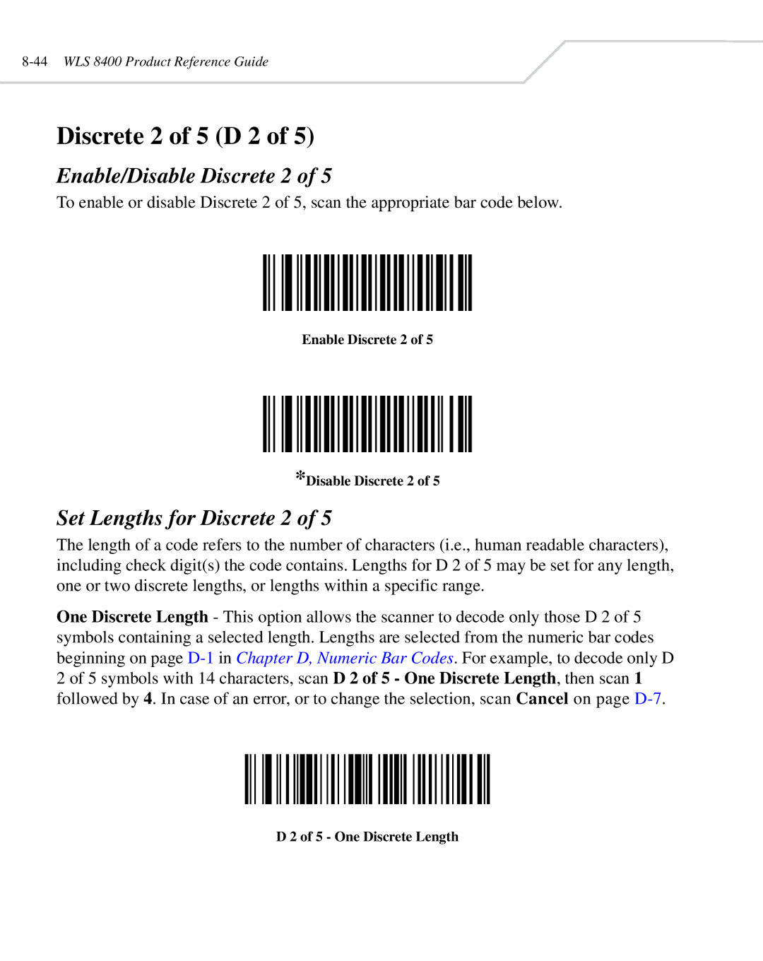 Wasp Bar Code WLS 8400 ER, WLS 8400 FZ manual Discrete 2 of 5 D 2, Enable/Disable Discrete 2, Set Lengths for Discrete 2 