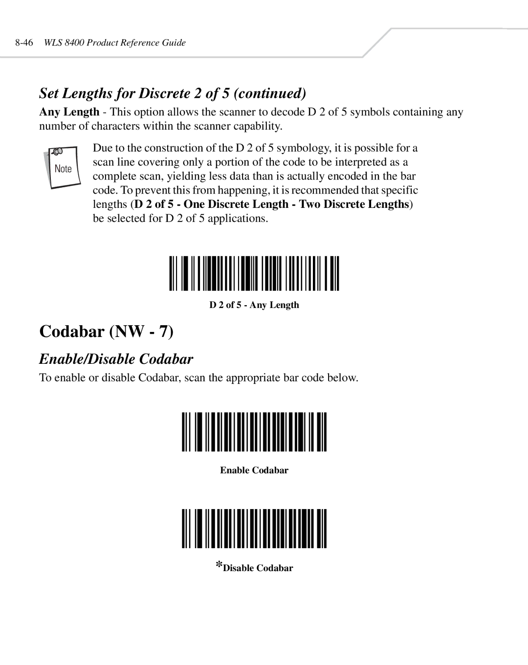 Wasp Bar Code WLS 8400 ER, WLS 8400 FZ manual Codabar NW, Enable/Disable Codabar, Enable Codabar Disable Codabar 