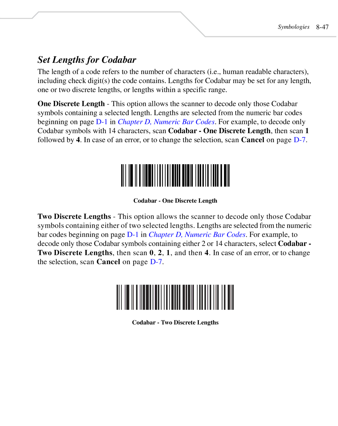 Wasp Bar Code WLS 8400 FZ, WLS 8400 ER Set Lengths for Codabar, Codabar One Discrete Length, Codabar Two Discrete Lengths 