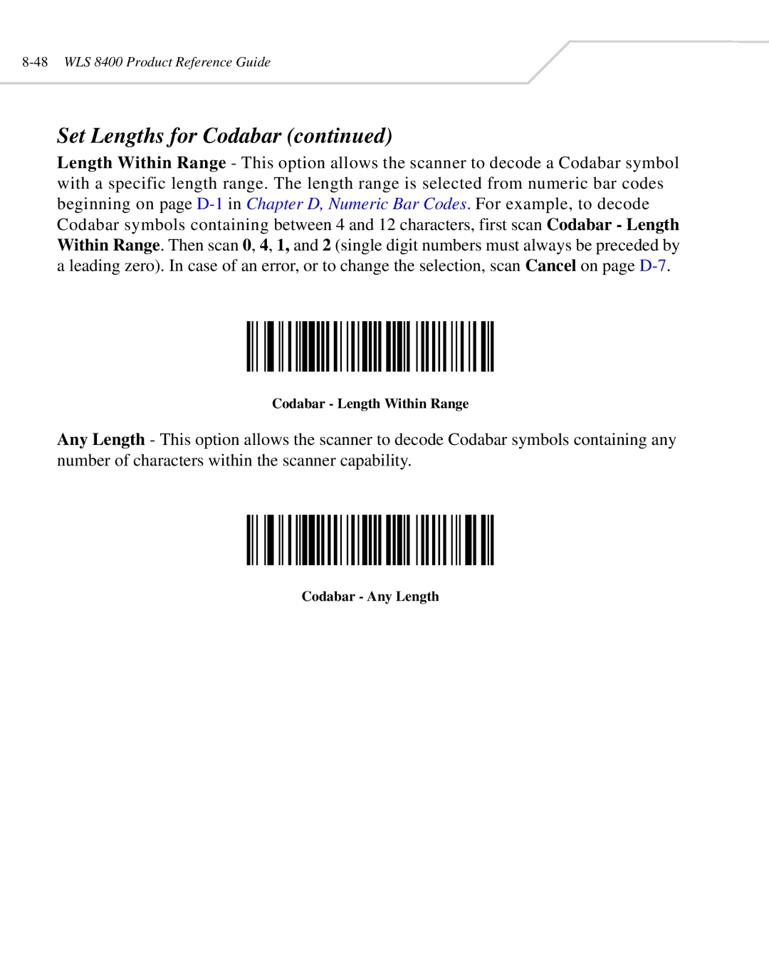 Wasp Bar Code WLS 8400 ER, WLS 8400 FZ manual Codabar Length Within Range, Codabar Any Length 