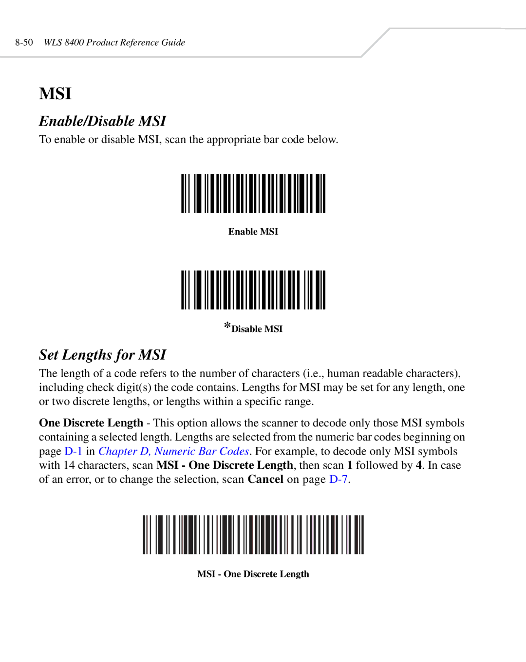 Wasp Bar Code WLS 8400 ER manual Enable/Disable MSI, Set Lengths for MSI, Enable MSI Disable MSI, MSI One Discrete Length 