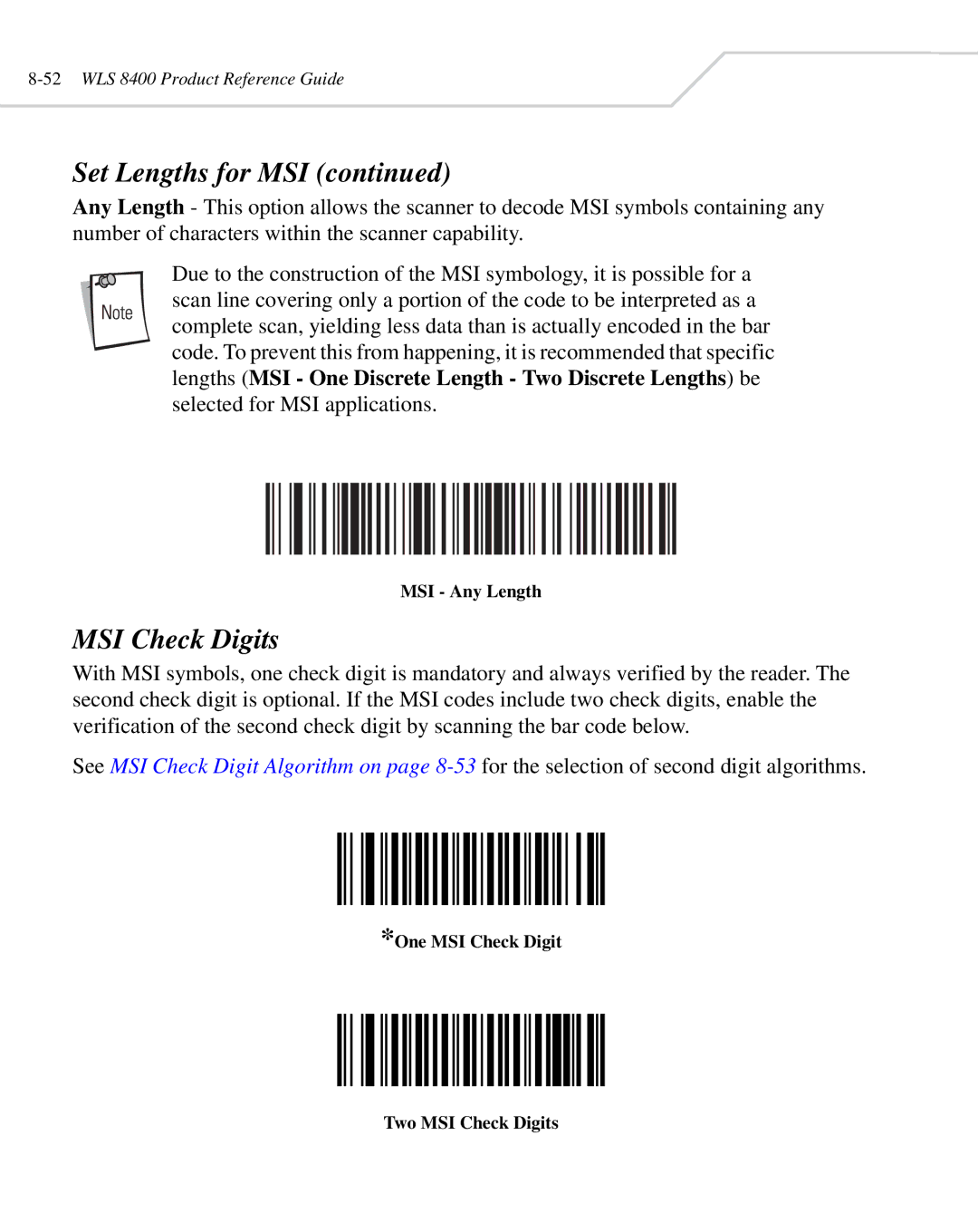 Wasp Bar Code WLS 8400 ER, WLS 8400 FZ manual MSI Any Length, One MSI Check Digit Two MSI Check Digits 