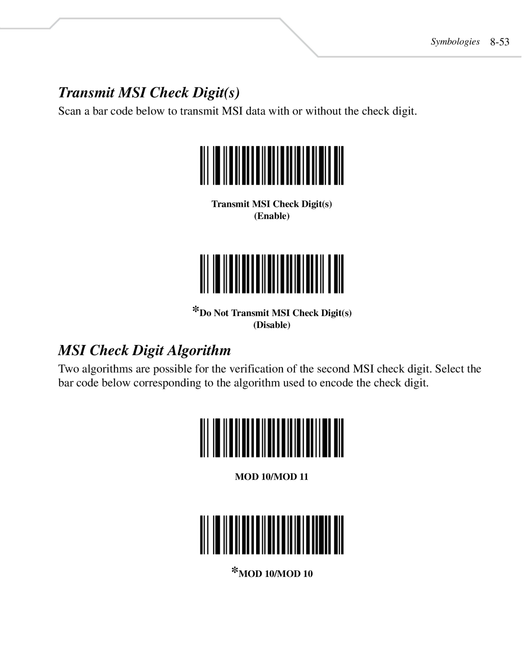 Wasp Bar Code WLS 8400 FZ, WLS 8400 ER manual Transmit MSI Check Digits, MSI Check Digit Algorithm, MOD 10/MOD 