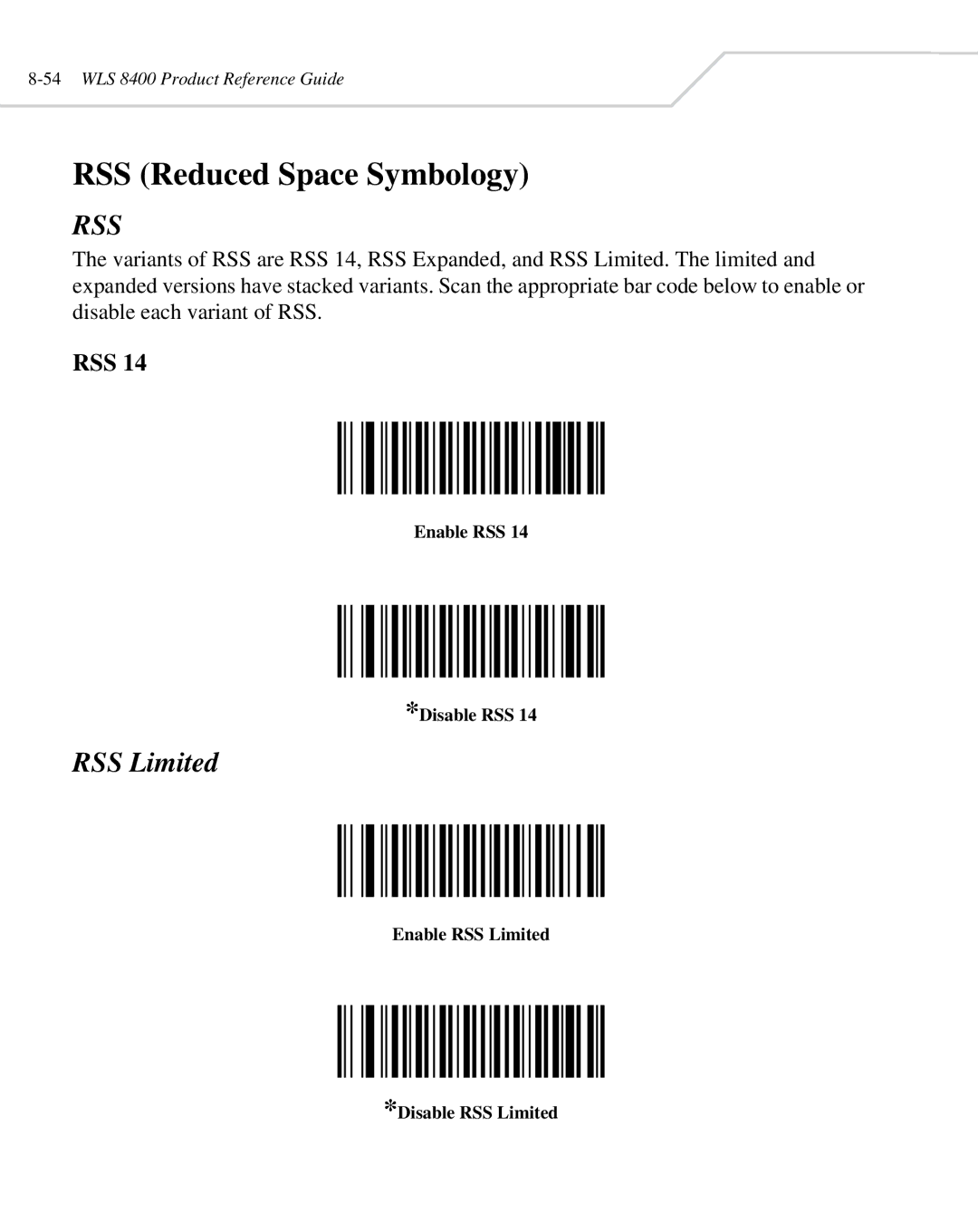 Wasp Bar Code WLS 8400 ER, WLS 8400 FZ manual RSS Reduced Space Symbology, RSS Limited, Rss, Enable RSS Disable RSS 