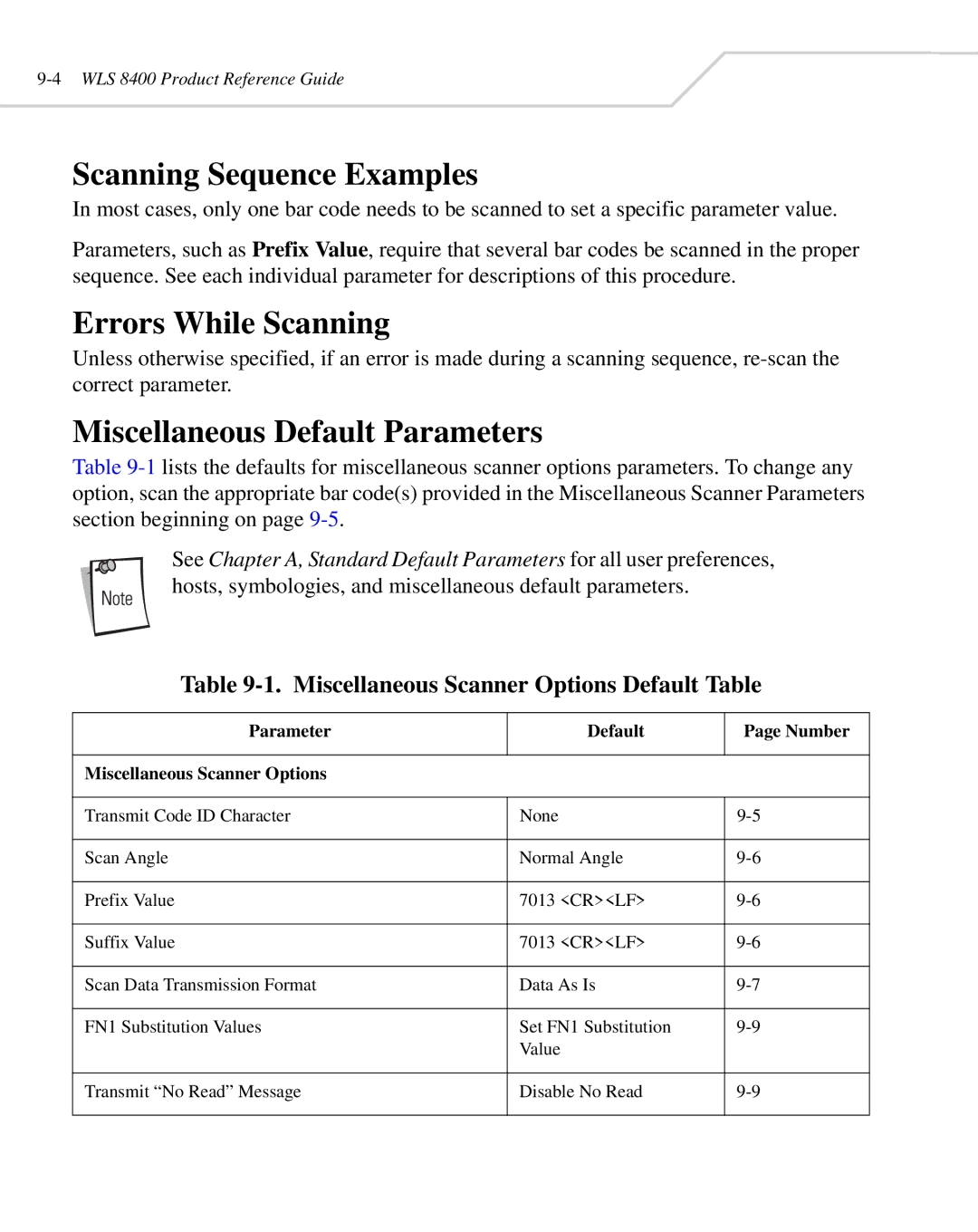 Wasp Bar Code WLS 8400 ER, WLS 8400 FZ manual Miscellaneous Default Parameters, Miscellaneous Scanner Options Default Table 