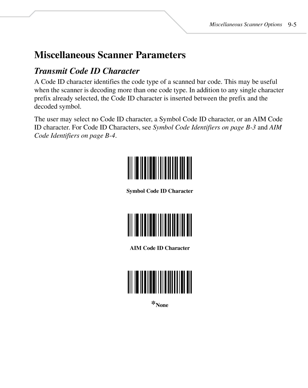 Wasp Bar Code WLS 8400 FZ, WLS 8400 ER manual Miscellaneous Scanner Parameters, Transmit Code ID Character 