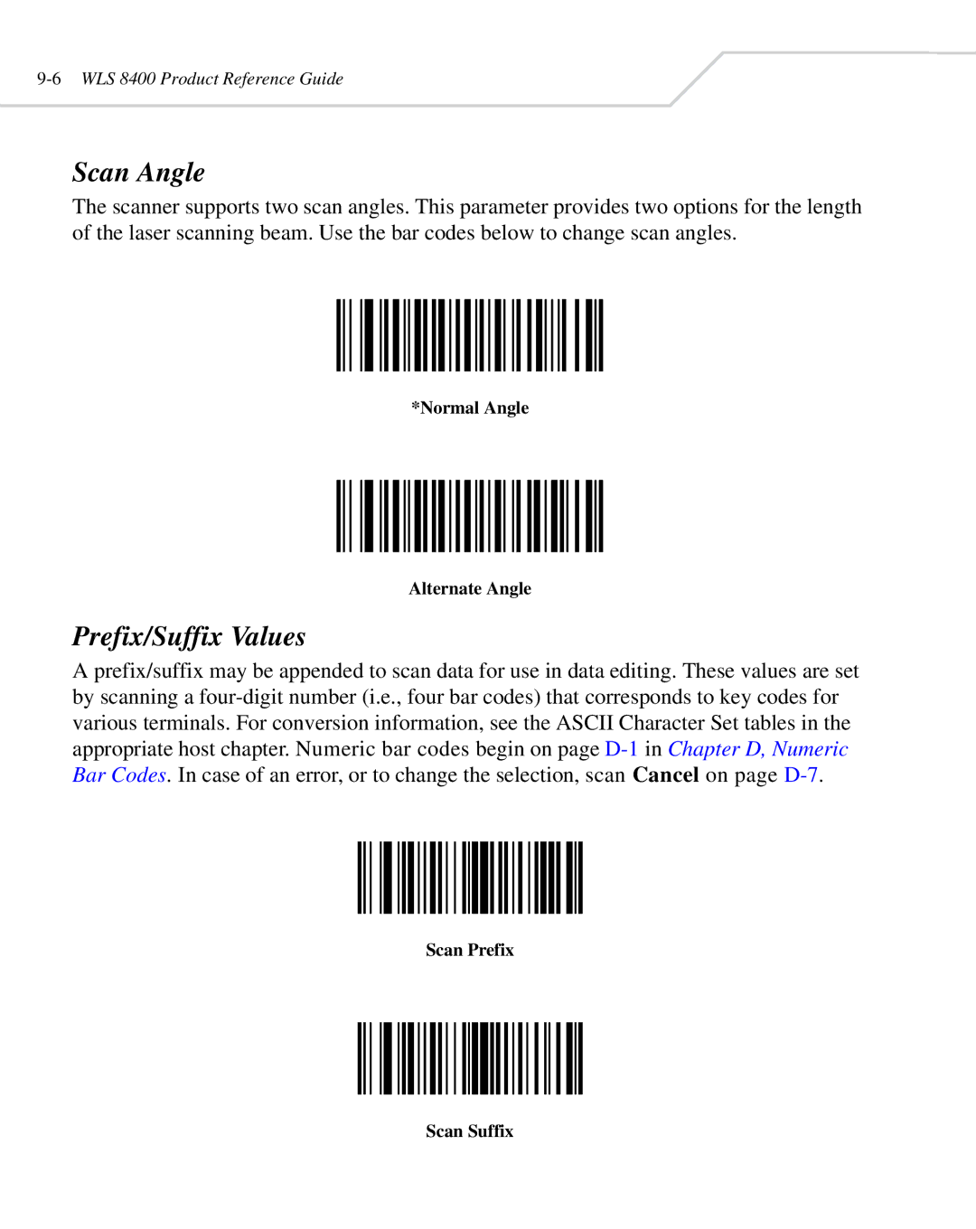 Wasp Bar Code WLS 8400 ER manual Scan Angle, Prefix/Suffix Values, Normal Angle Alternate Angle, Scan Prefix Scan Suffix 