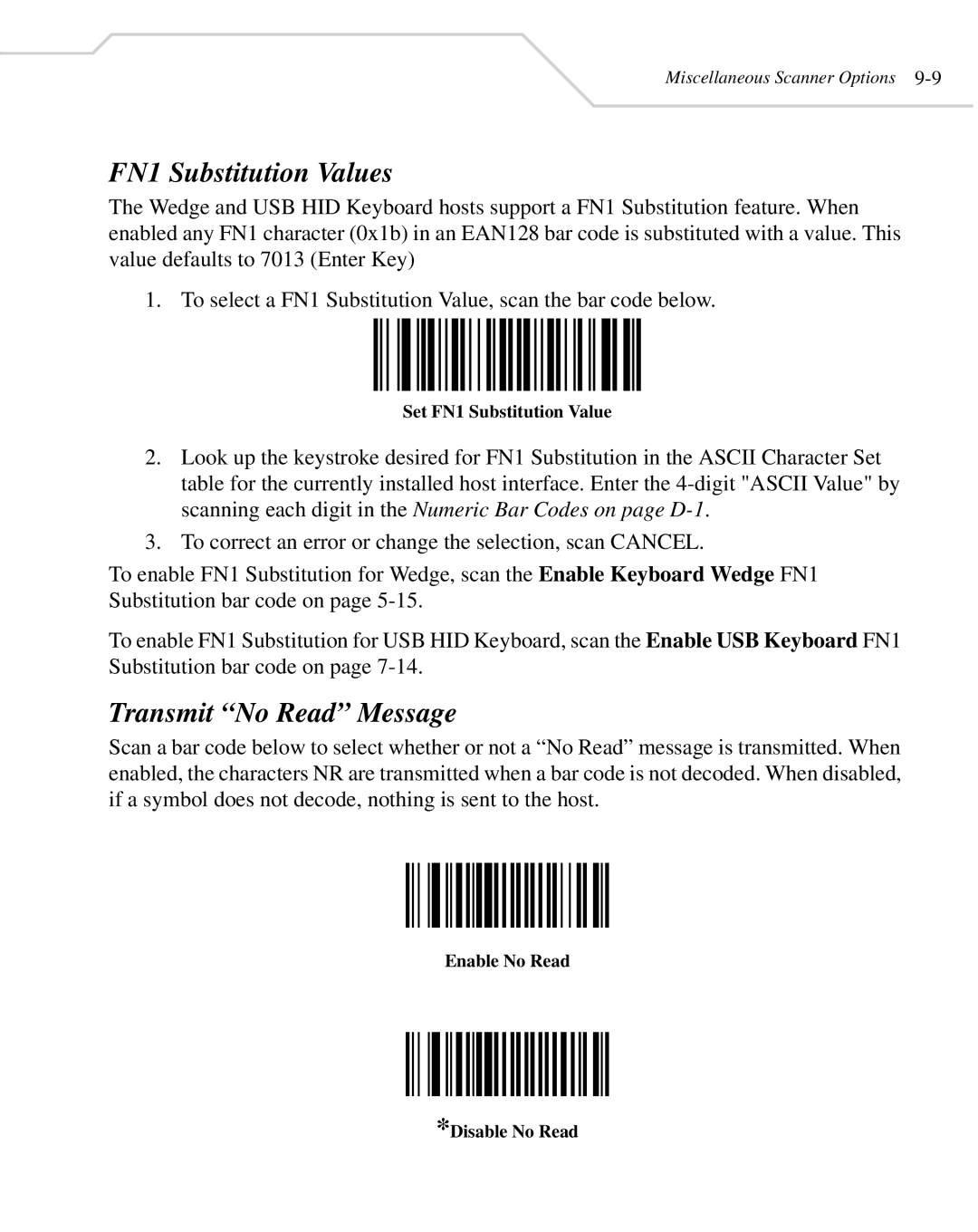 Wasp Bar Code WLS 8400 FZ, WLS 8400 ER manual FN1 Substitution Values, Transmit No Read Message, Set FN1 Substitution Value 