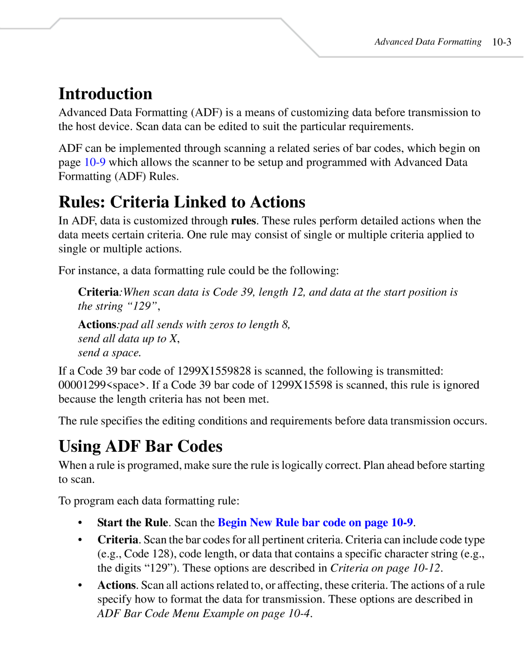 Wasp Bar Code WLS 8400 FZ, WLS 8400 ER manual Rules Criteria Linked to Actions, Using ADF Bar Codes 