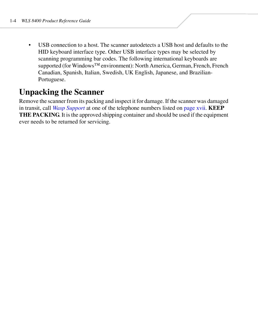 Wasp Bar Code WLS 8400 ER, WLS 8400 FZ manual Unpacking the Scanner 
