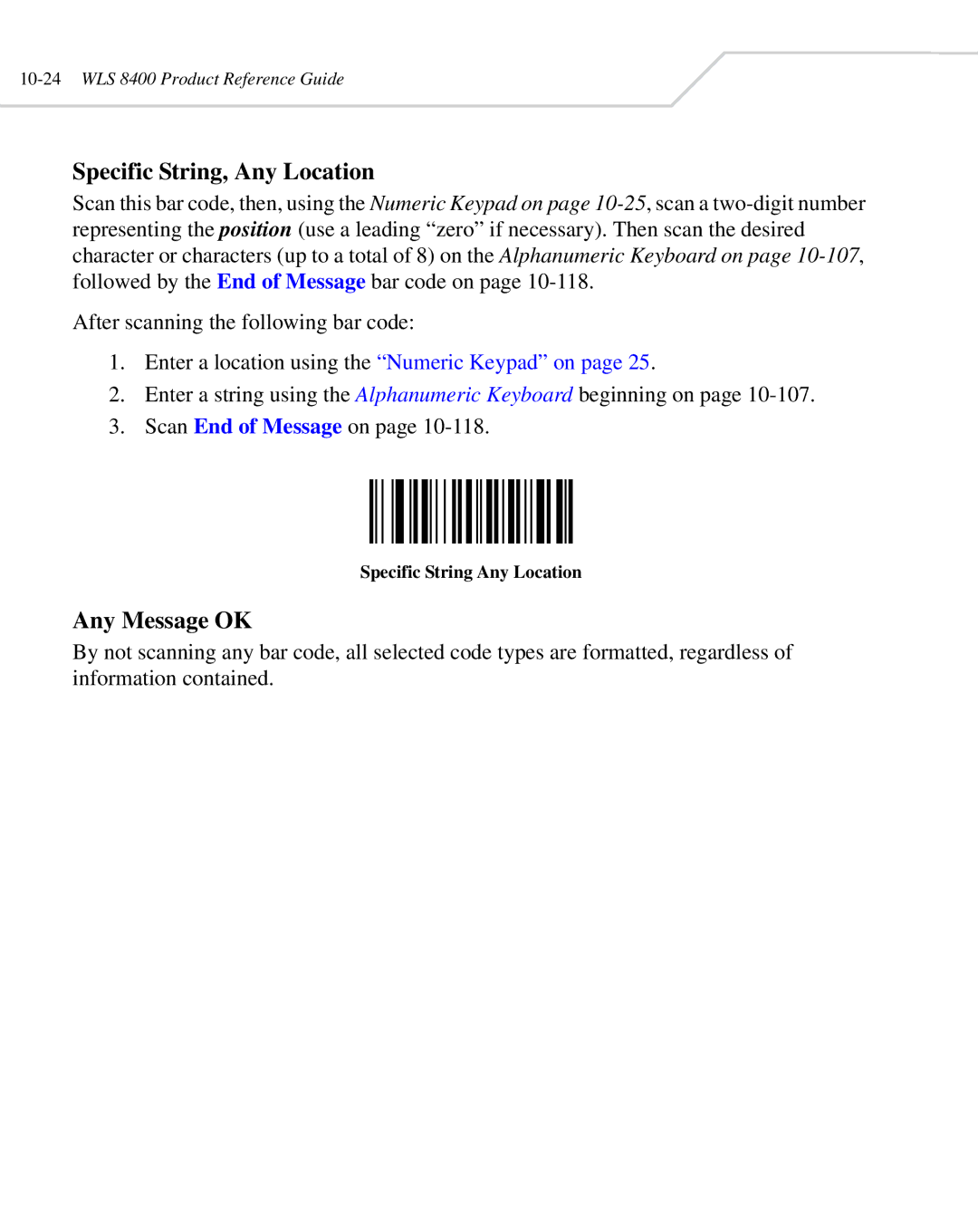 Wasp Bar Code WLS 8400 ER, WLS 8400 FZ manual Specific String, Any Location, Any Message OK, Specific String Any Location 