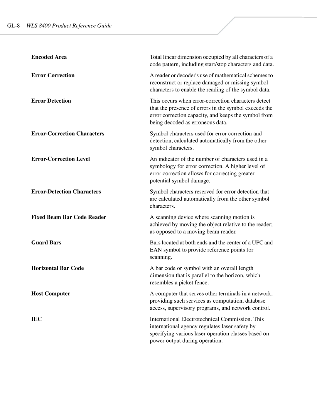 Wasp Bar Code WLS 8400 ER manual Encoded Area, Error Correction, Error Detection, Error-Correction Characters, Guard Bars 