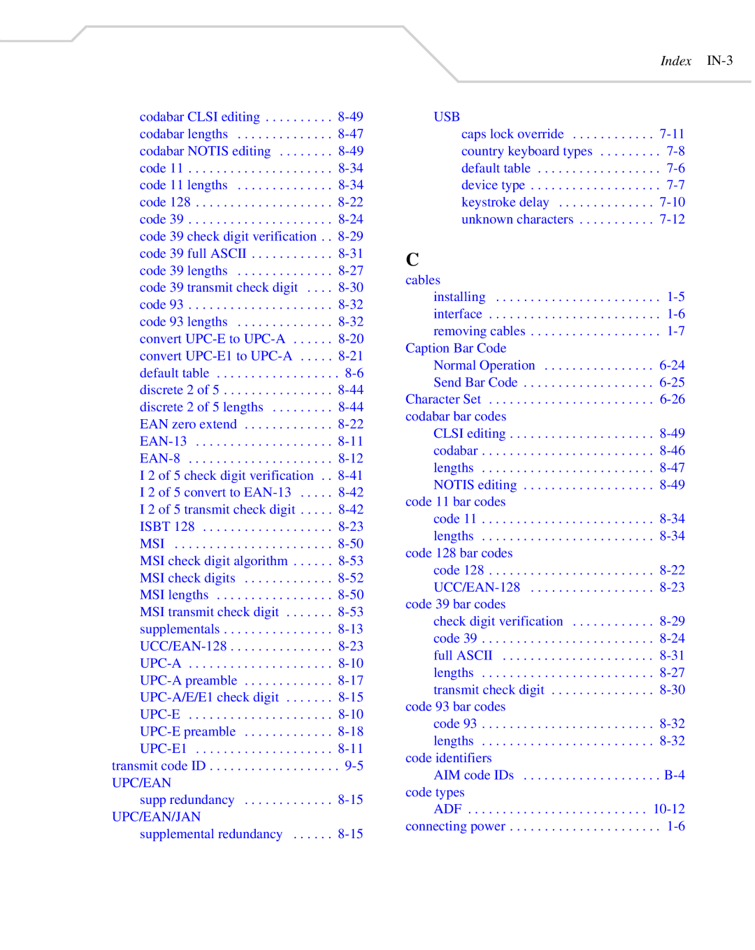 Wasp Bar Code WLS 8400 FZ, WLS 8400 ER manual Index IN-3 