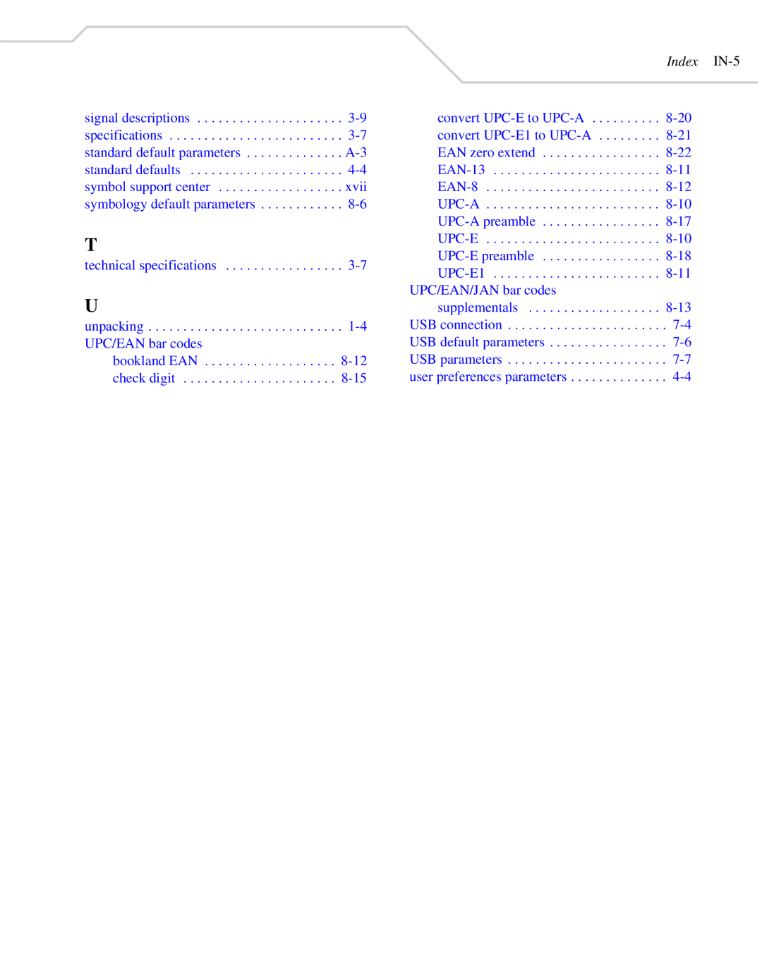 Wasp Bar Code WLS 8400 FZ, WLS 8400 ER manual Index IN-5 