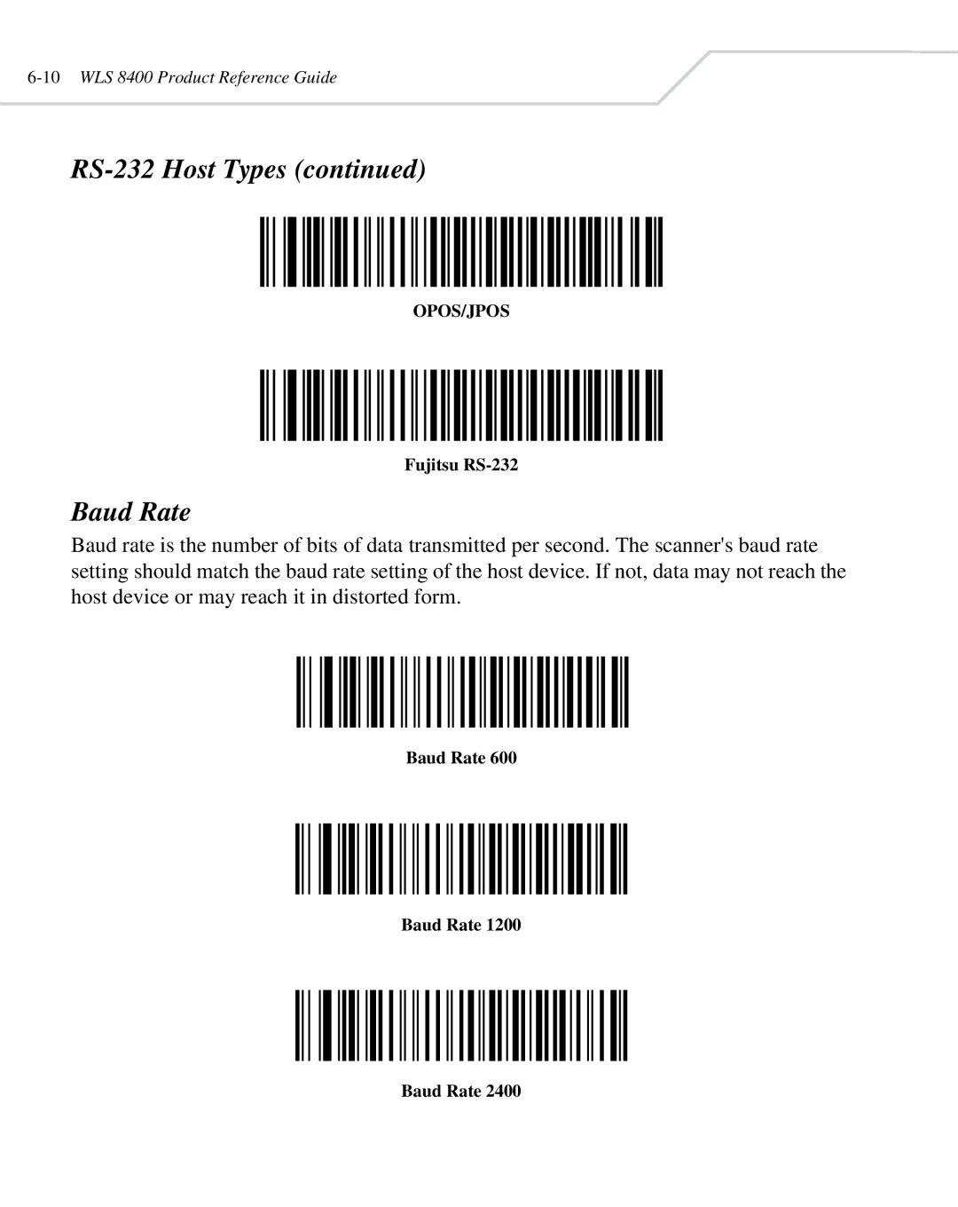 Wasp Bar Code WLS 8400 ER, WLS 8400 FZ manual Baud Rate, Fujitsu RS-232 