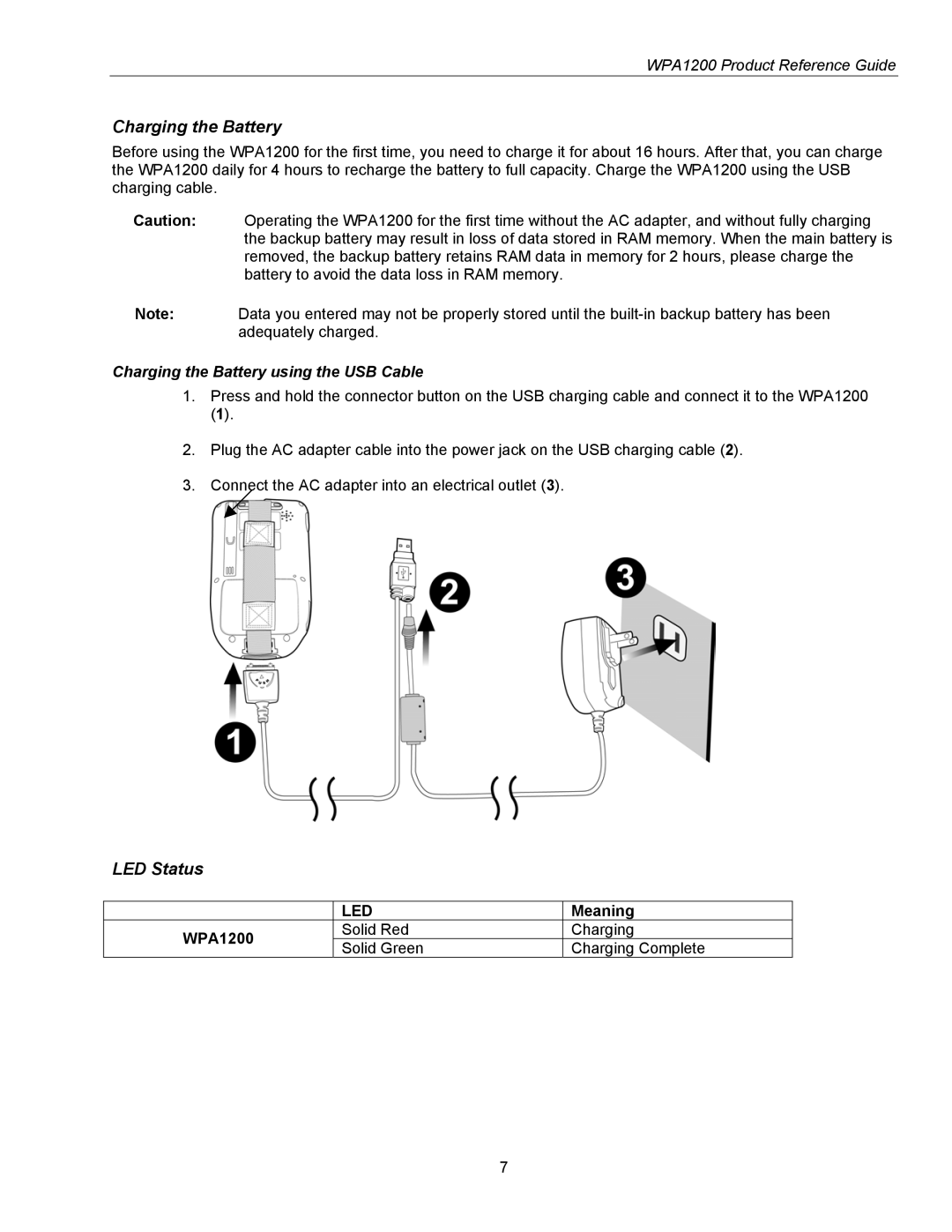 Wasp Bar Code WPA1200 manual Charging the Battery, LED Status, Meaning 