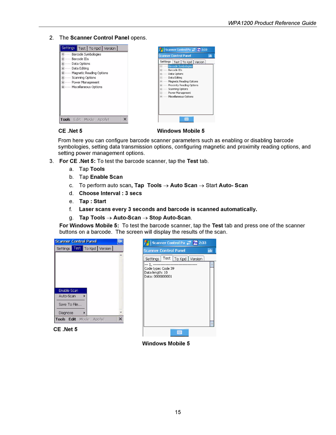 Wasp Bar Code WPA1200 manual Scanner Control Panel opens CE .Net, CE .Net Windows Mobile 