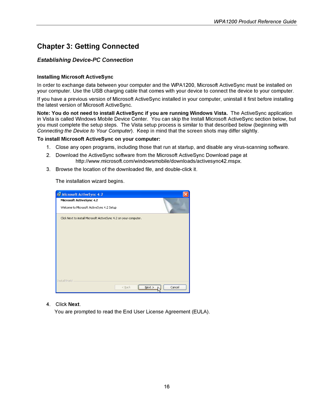 Wasp Bar Code WPA1200 manual Getting Connected, Establishing Device-PC Connection, Installing Microsoft ActiveSync 