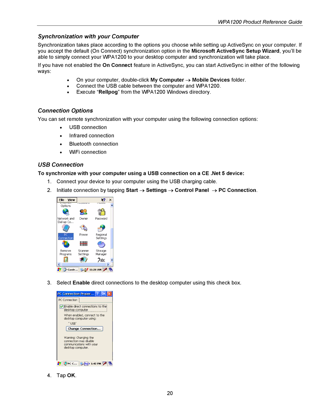 Wasp Bar Code WPA1200 manual Synchronization with your Computer, Connection Options, USB Connection 