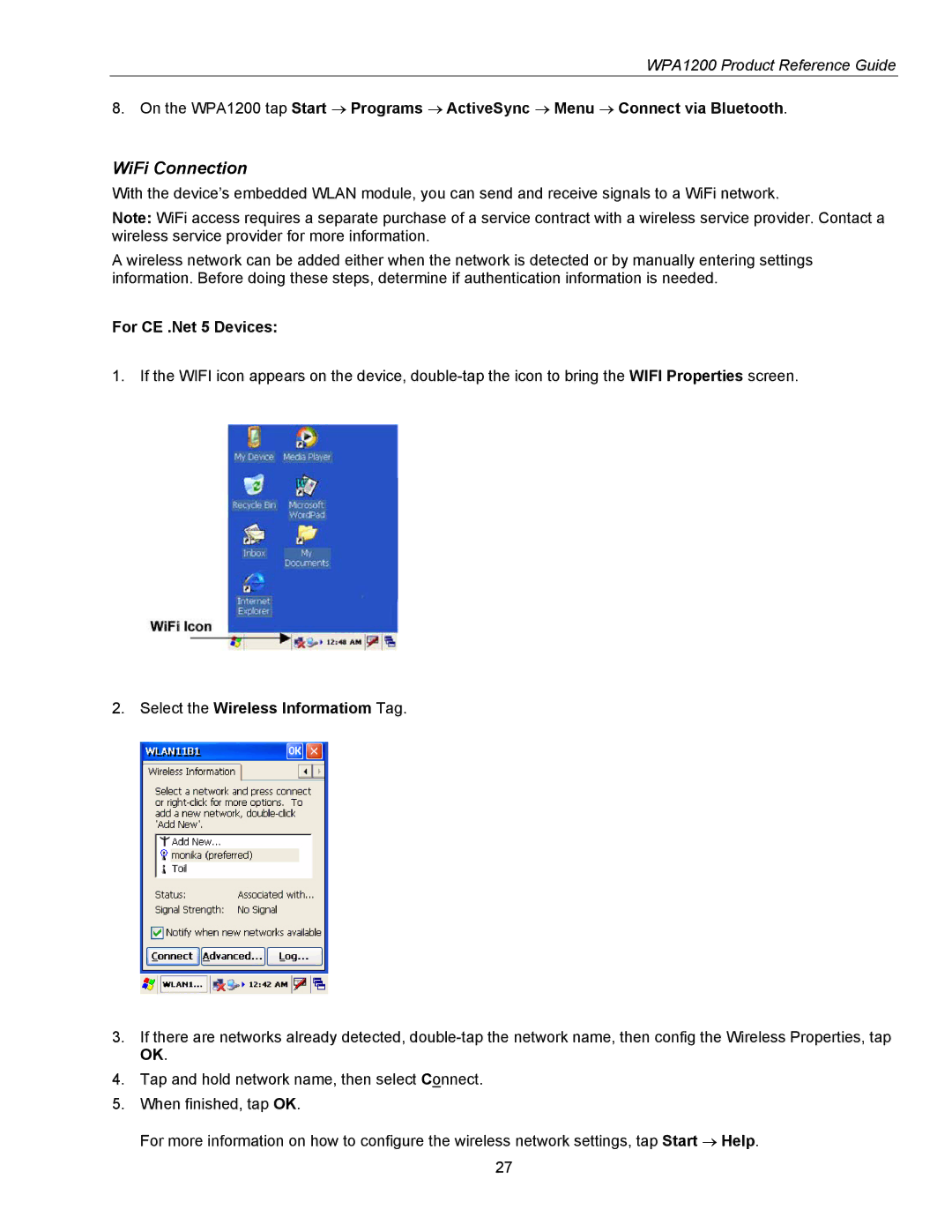 Wasp Bar Code WPA1200 manual WiFi Connection, For CE .Net 5 Devices, Select the Wireless Informatiom Tag 