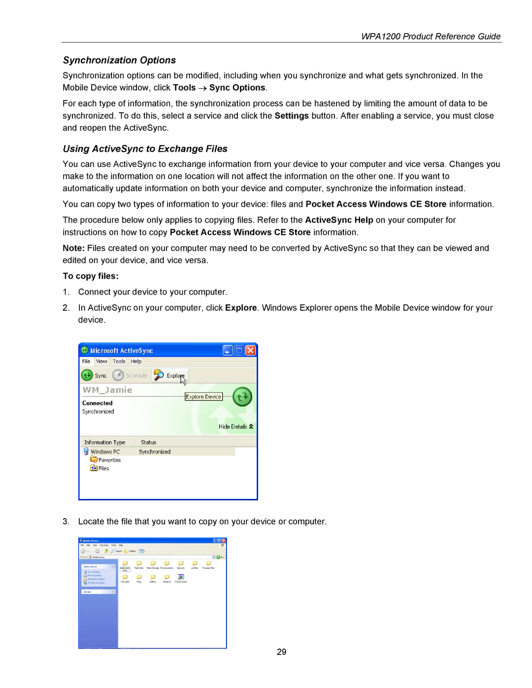 Wasp Bar Code WPA1200 manual Synchronization Options, Using ActiveSync to Exchange Files, To copy files 