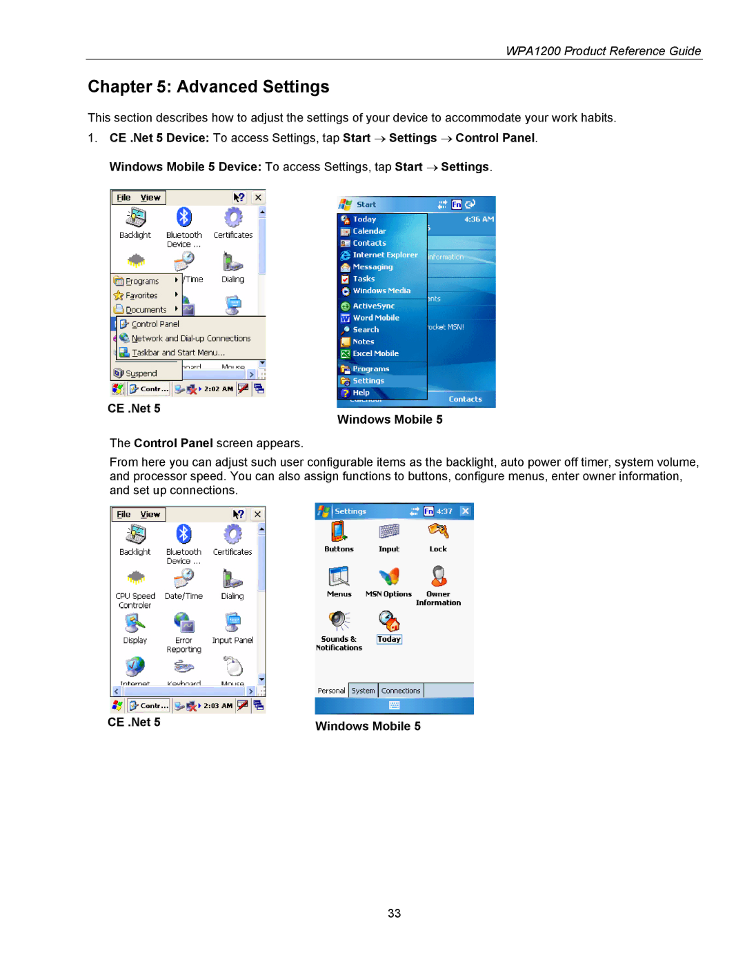 Wasp Bar Code WPA1200 manual Advanced Settings, CE .Net 