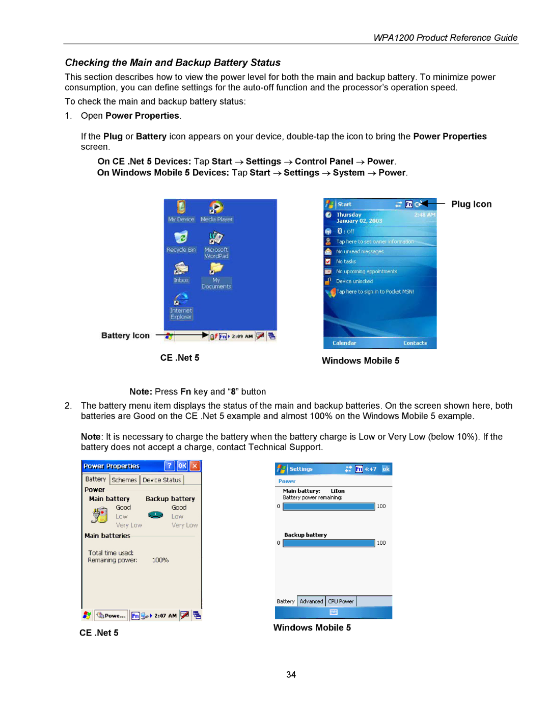 Wasp Bar Code WPA1200 manual Checking the Main and Backup Battery Status, Open Power Properties 