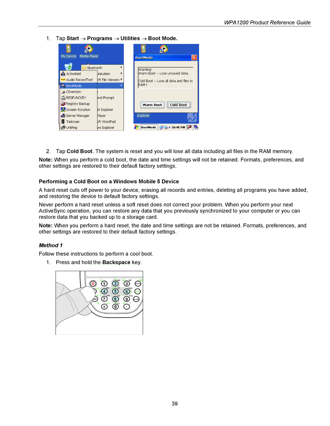 Wasp Bar Code WPA1200 Tap Start → Programs → Utilities → Boot Mode, Performing a Cold Boot on a Windows Mobile 5 Device 