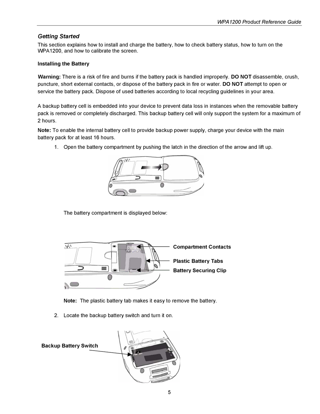 Wasp Bar Code WPA1200 manual Getting Started, Installing the Battery, Backup Battery Switch 