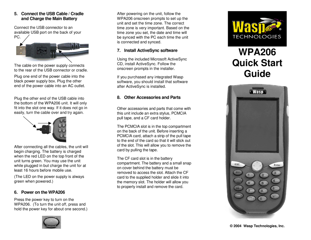 Wasp Bar Code quick start WPA206 Quick Start Guide, Power on the WPA206, Install ActiveSync software 