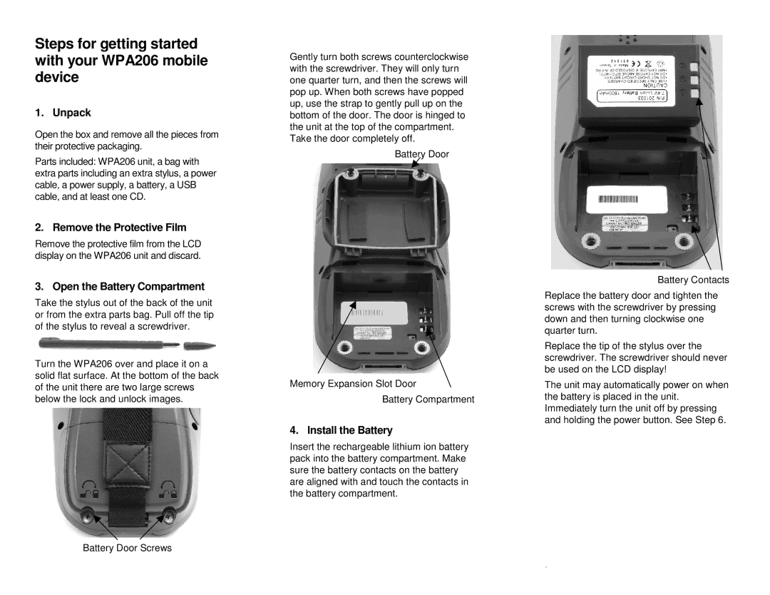 Wasp Bar Code quick start Steps for getting started with your WPA206 mobile device, Unpack, Remove the Protective Film 