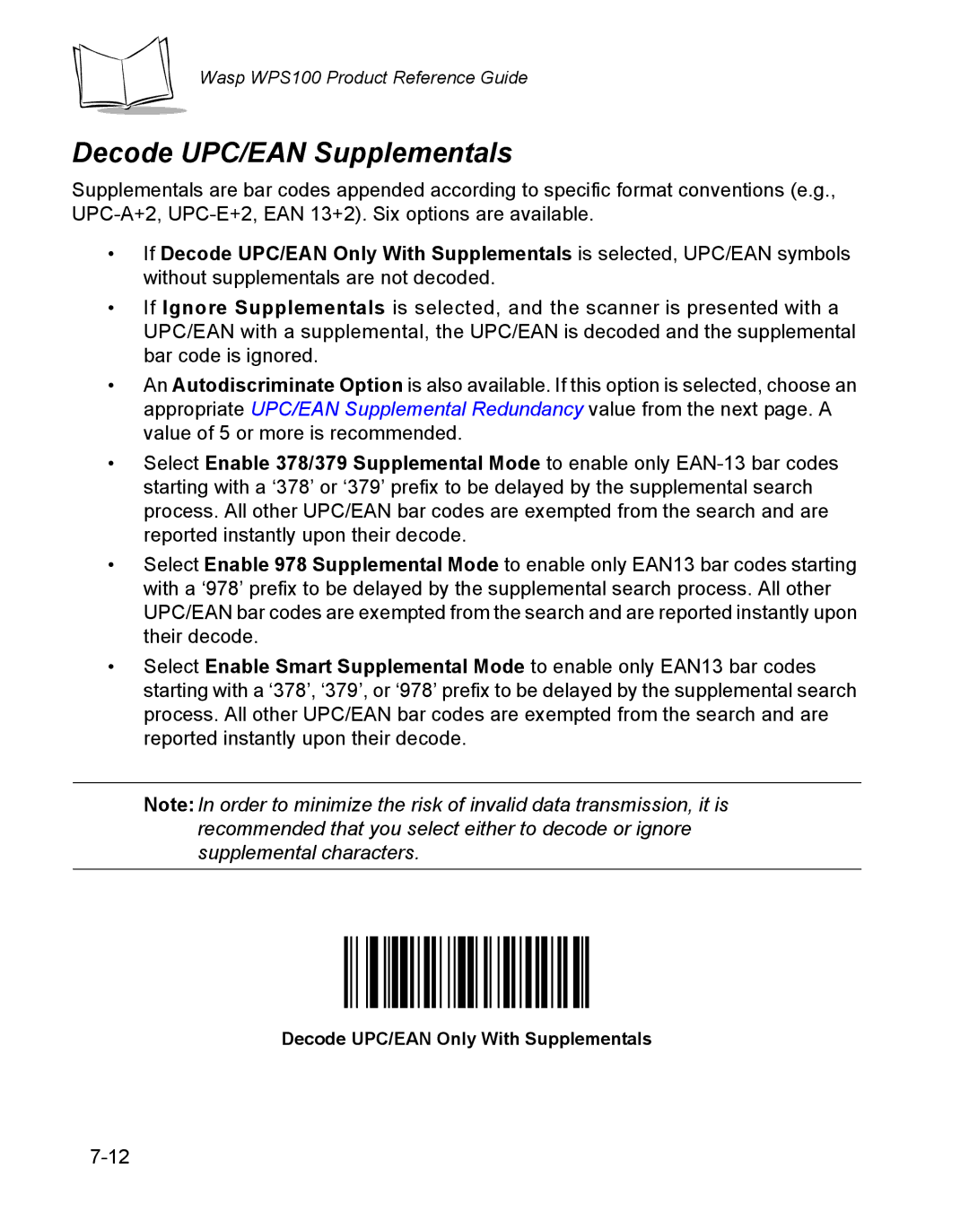 Wasp Bar Code WPS100 manual Decode UPC/EAN Supplementals, Decode UPC/EAN Only With Supplementals 