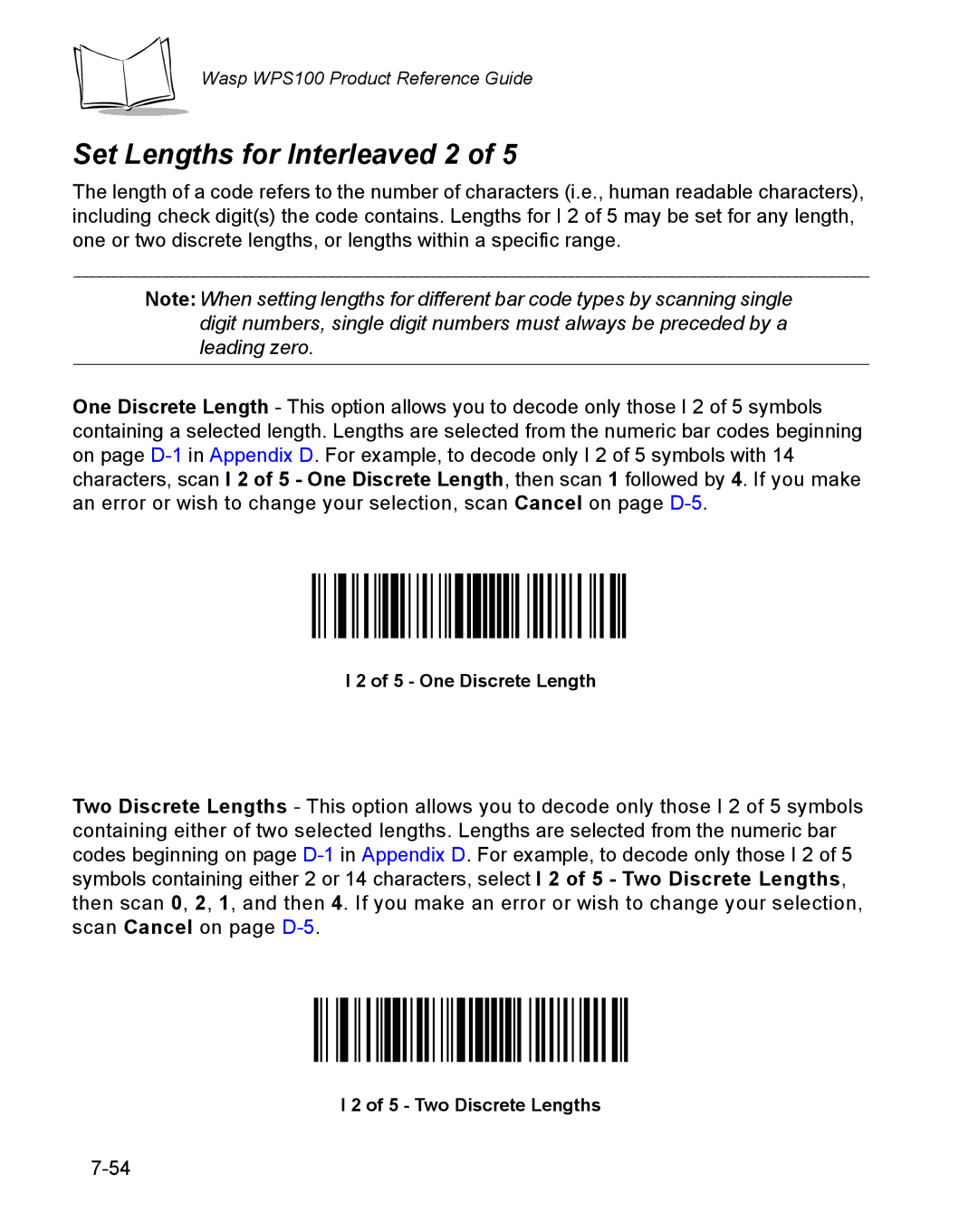 Wasp Bar Code WPS100 manual Set Lengths for Interleaved 2, One Discrete Length, Two Discrete Lengths 