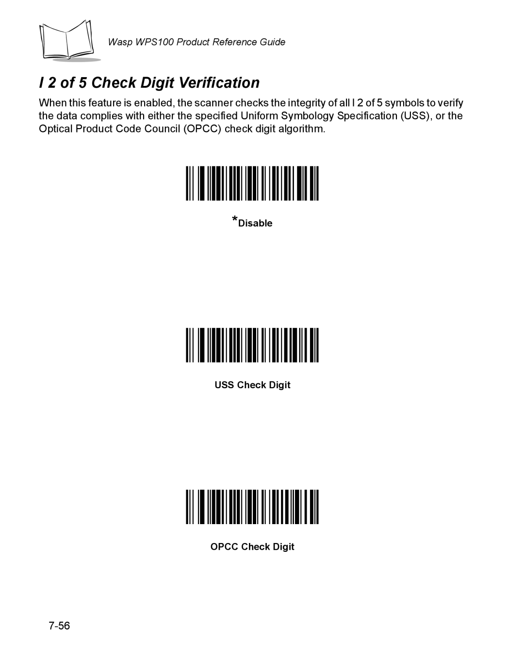 Wasp Bar Code WPS100 manual Check Digit Verification, Disable USS Check Digit Opcc Check Digit 