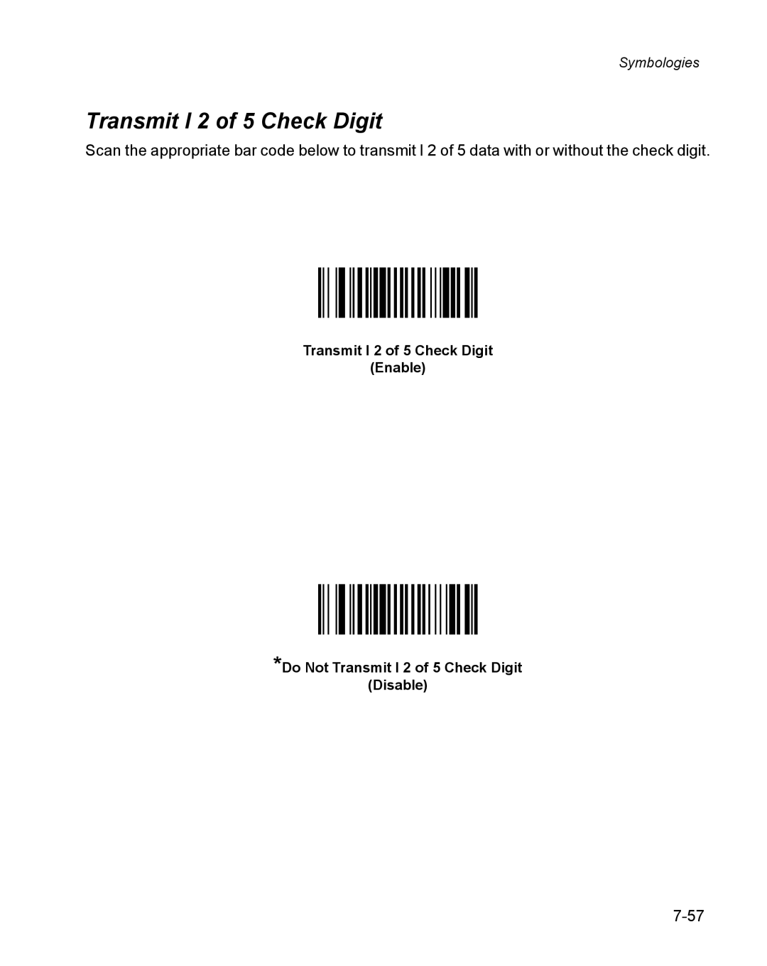 Wasp Bar Code WPS100 manual Transmit I 2 of 5 Check Digit 