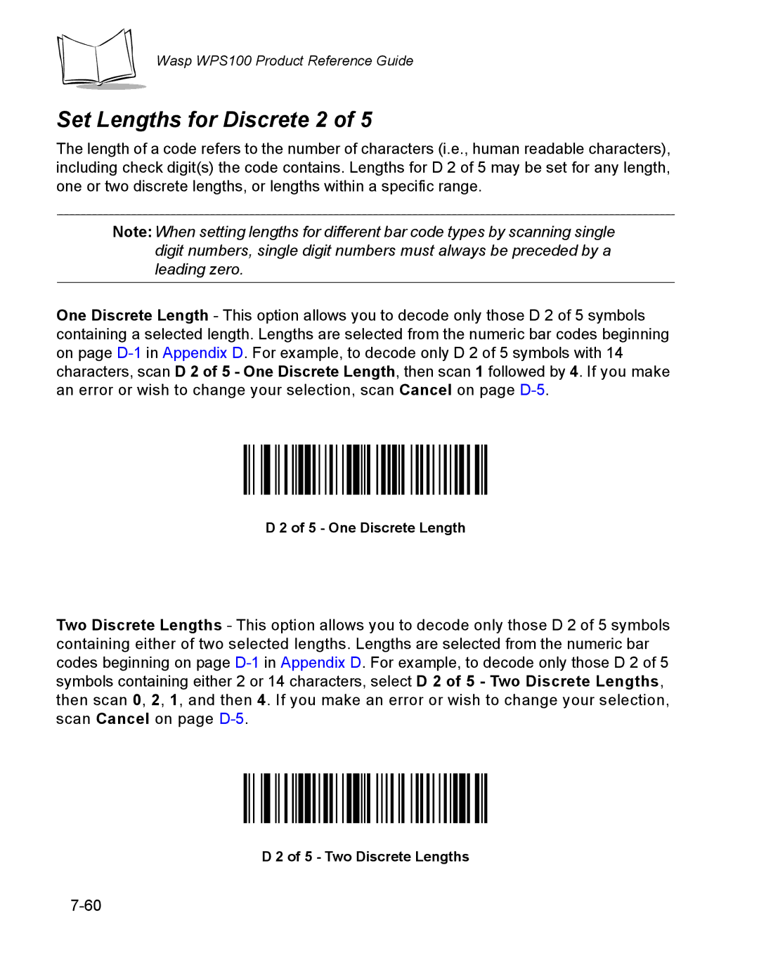 Wasp Bar Code WPS100 manual Set Lengths for Discrete 2, One Discrete Length 