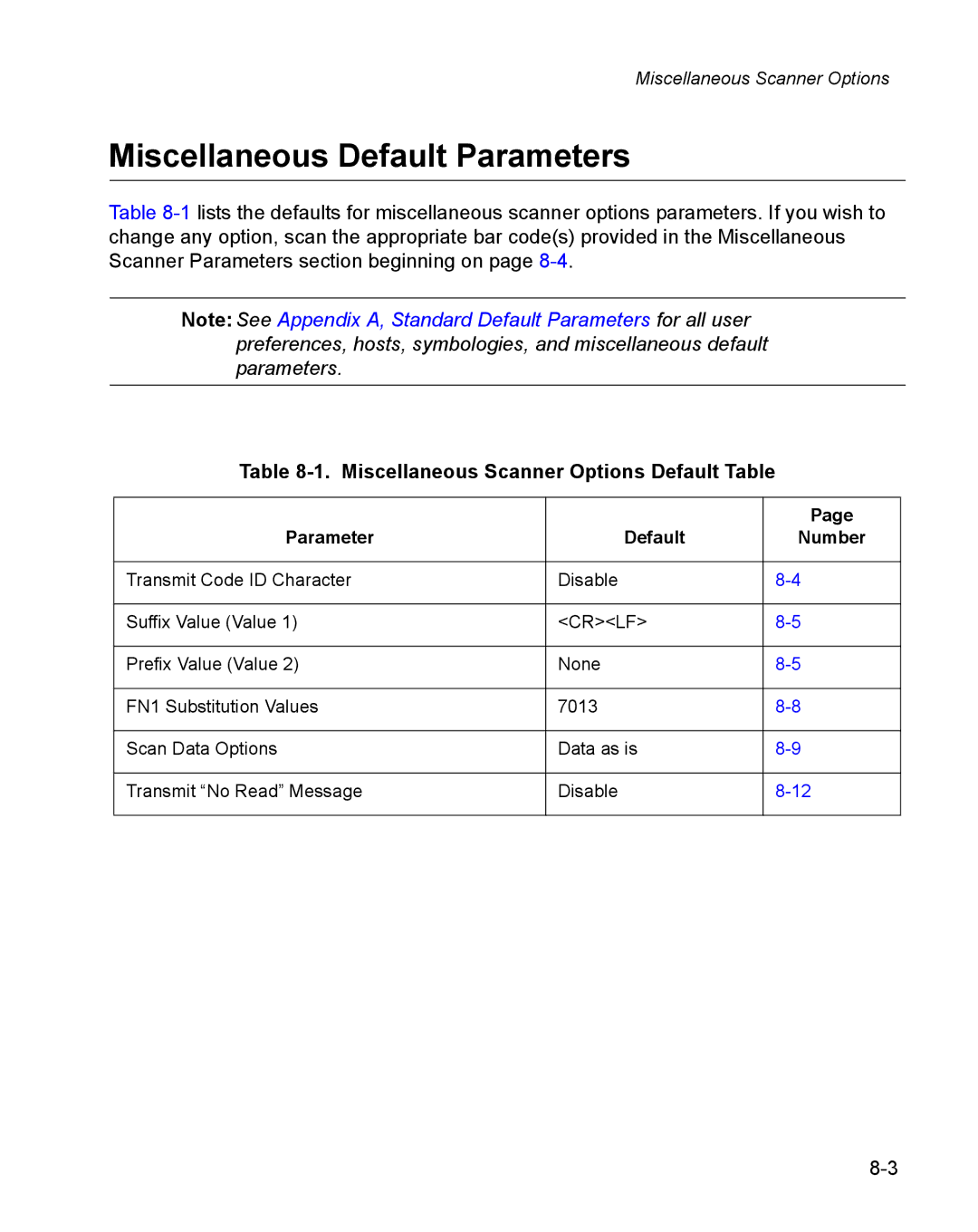 Wasp Bar Code WPS100 manual Miscellaneous Default Parameters, Miscellaneous Scanner Options Default Table 